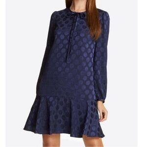EUC DRAPER JAMES Navy Polka Dot Long Sleeve Flounce Hem Dress